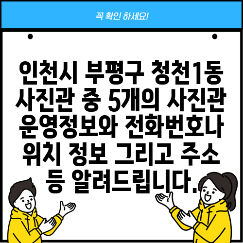 인천시 부평구 청천1동 사진관 중 5개의 사진관 운영정보와 전화번호나 위치 정보 그리고 주소 등 알려드립니다.