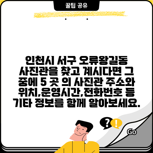 인천시 서구 오류왕길동 사진관을 찾고 계시다면 그 중에 5 곳 의 사진관 주소와 위치,운영시간,전화번호 등 기타 정보를 함께 알아보세요.