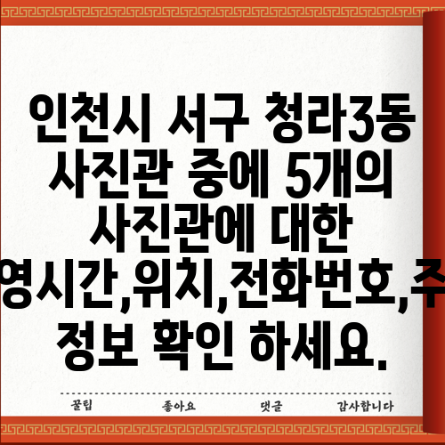 인천시 서구 청라3동 사진관 중에 5개의 사진관에 대한 운영시간,위치,전화번호,주소 정보 확인 하세요.