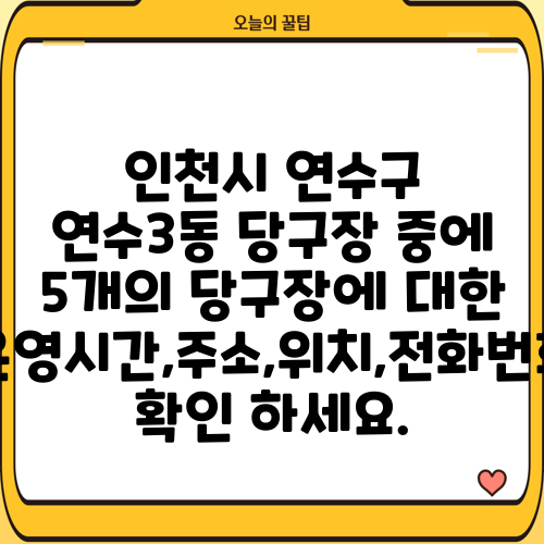 인천시 연수구 연수3동 당구장 중에 5개의 당구장에 대한 운영시간,주소,위치,전화번호 확인 하세요.