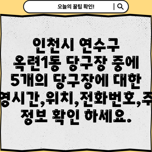 인천시 연수구 옥련1동 당구장 중에 5개의 당구장에 대한 운영시간,위치,전화번호,주소 정보 확인 하세요.