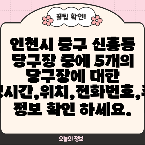 인천시 중구 신흥동 당구장 중에 5개의 당구장에 대한 운영시간,위치,전화번호,주소 정보 확인 하세요.