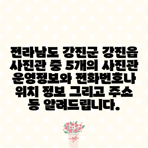 전라남도 강진군 강진읍 사진관 중 5개의 사진관 운영정보와 전화번호나 위치 정보 그리고 주소 등 알려드립니다.