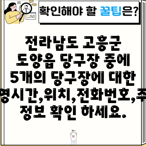 전라남도 고흥군 도양읍 당구장 중에 5개의 당구장에 대한 운영시간,위치,전화번호,주소 정보 확인 하세요.