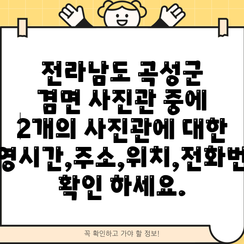 전라남도 곡성군 겸면 사진관 중에 2개의 사진관에 대한 운영시간,주소,위치,전화번호 확인 하세요.