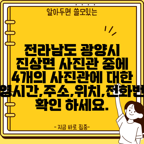 전라남도 광양시 진상면 사진관 중에 4개의 사진관에 대한 운영시간,주소,위치,전화번호 확인 하세요.
