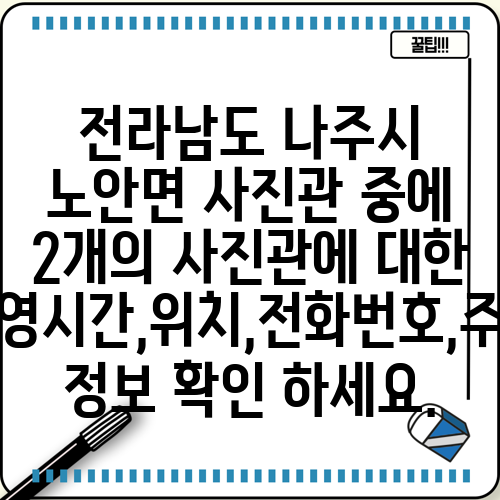 전라남도 나주시 노안면 사진관 중에 2개의 사진관에 대한 운영시간,위치,전화번호,주소 정보 확인 하세요.