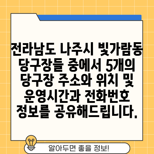전라남도 나주시 빛가람동 당구장들 중에서 5개의 당구장 주소와 위치 및 운영시간과 전화번호 정보를 공유해드립니다.