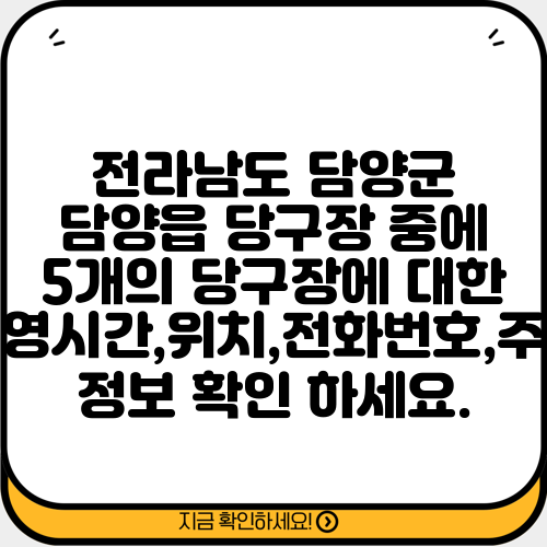 전라남도 담양군 담양읍 당구장 중에 5개의 당구장에 대한 운영시간,위치,전화번호,주소 정보 확인 하세요.