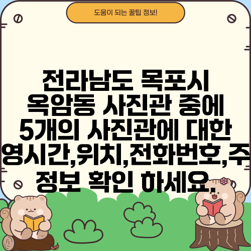 전라남도 목포시 옥암동 사진관 중에 5개의 사진관에 대한 운영시간,위치,전화번호,주소 정보 확인 하세요.