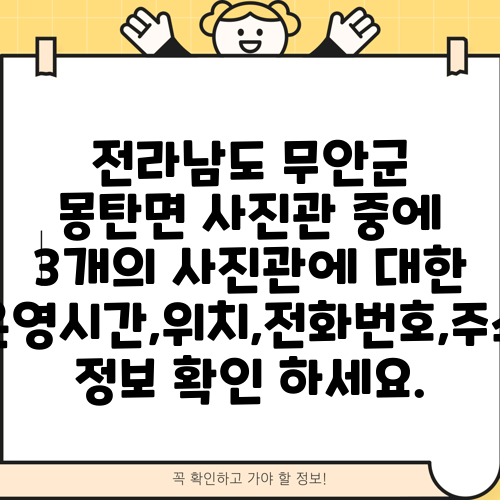 전라남도 무안군 몽탄면 사진관 중에 3개의 사진관에 대한 운영시간,위치,전화번호,주소 정보 확인 하세요.