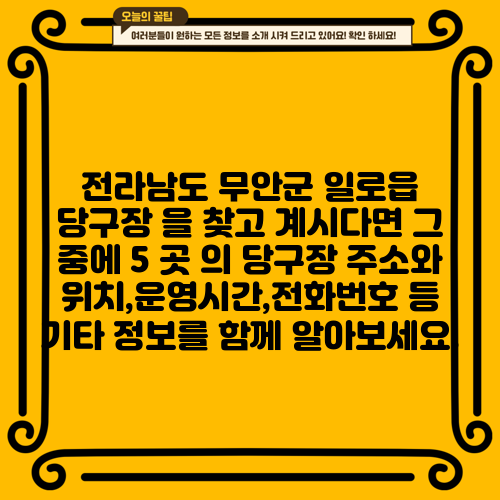 전라남도 무안군 일로읍 당구장 을 찾고 계시다면 그 중에 5 곳 의 당구장 주소와 위치,운영시간,전화번호 등 기타 정보를 함께 알아보세요.