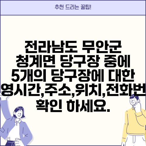 전라남도 무안군 청계면 당구장 중에 5개의 당구장에 대한 운영시간,주소,위치,전화번호 확인 하세요.