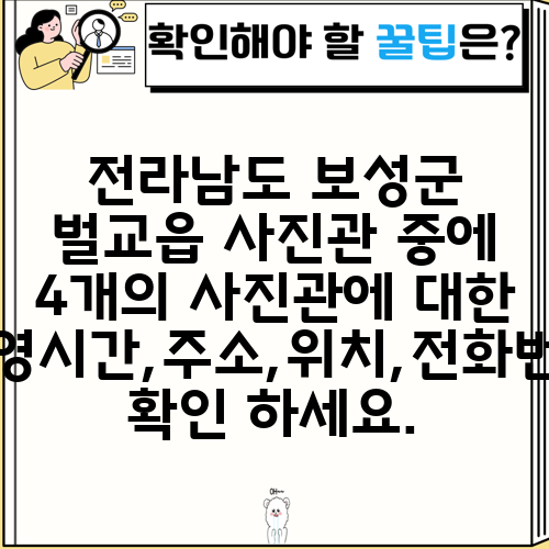 전라남도 보성군 벌교읍 사진관 중에 4개의 사진관에 대한 운영시간,주소,위치,전화번호 확인 하세요.