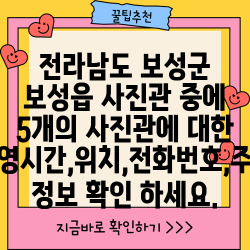 전라남도 보성군 보성읍 사진관 중에 5개의 사진관에 대한 운영시간,위치,전화번호,주소 정보 확인 하세요.
