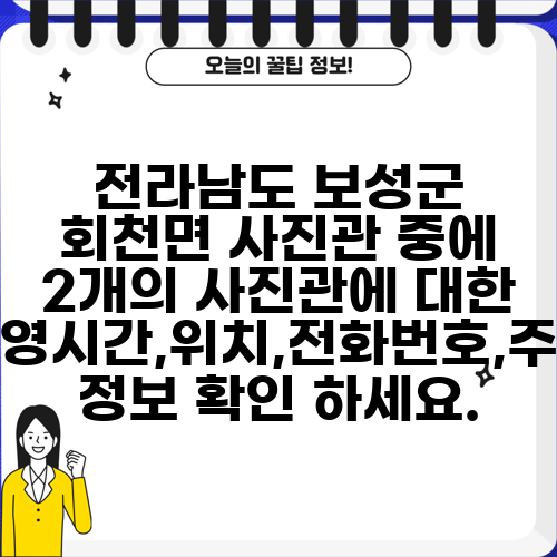 전라남도 보성군 회천면 사진관 중에 2개의 사진관에 대한 운영시간,위치,전화번호,주소 정보 확인 하세요.