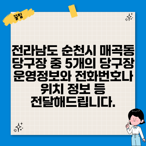 전라남도 순천시 매곡동 당구장 중 5개의 당구장 운영정보와 전화번호나 위치 정보 등 전달해드립니다.