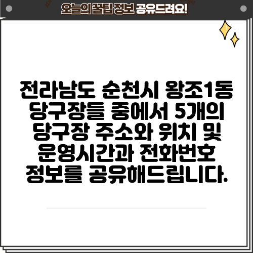 전라남도 순천시 왕조1동 당구장들 중에서 5개의 당구장 주소와 위치 및 운영시간과 전화번호 정보를 공유해드립니다.