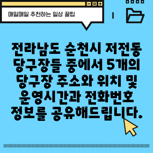 전라남도 순천시 저전동 당구장들 중에서 5개의 당구장 주소와 위치 및 운영시간과 전화번호 정보를 공유해드립니다.