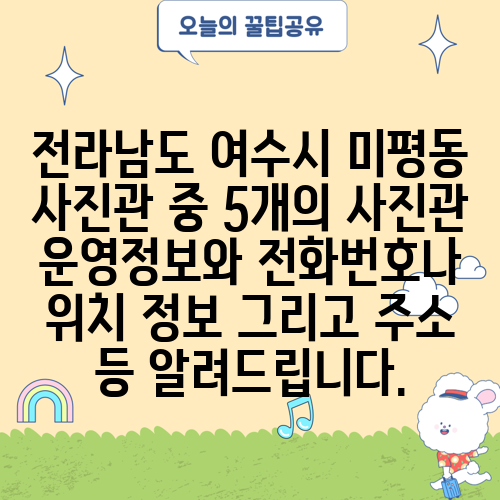 전라남도 여수시 미평동 사진관 중 5개의 사진관 운영정보와 전화번호나 위치 정보 그리고 주소 등 알려드립니다.