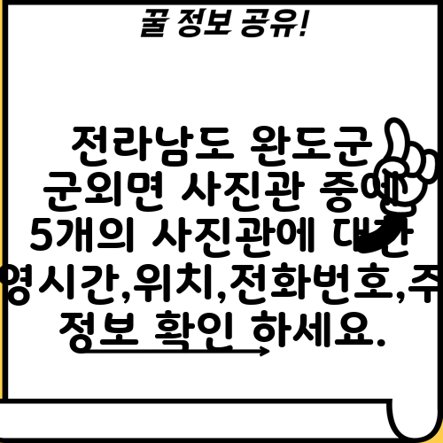 전라남도 완도군 군외면 사진관 중에 5개의 사진관에 대한 운영시간,위치,전화번호,주소 정보 확인 하세요.