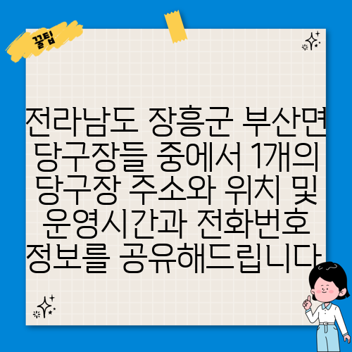 전라남도 장흥군 부산면 당구장들 중에서 1개의 당구장 주소와 위치 및 운영시간과 전화번호 정보를 공유해드립니다.