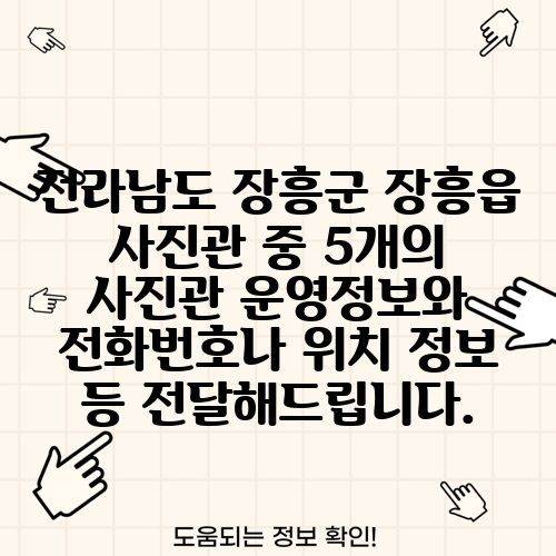 전라남도 장흥군 장흥읍 사진관 중 5개의 사진관 운영정보와 전화번호나 위치 정보 등 전달해드립니다.