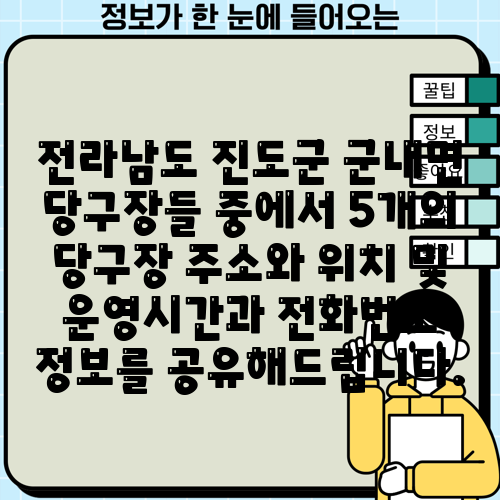전라남도 진도군 군내면 당구장들 중에서 5개의 당구장 주소와 위치 및 운영시간과 전화번호 정보를 공유해드립니다.