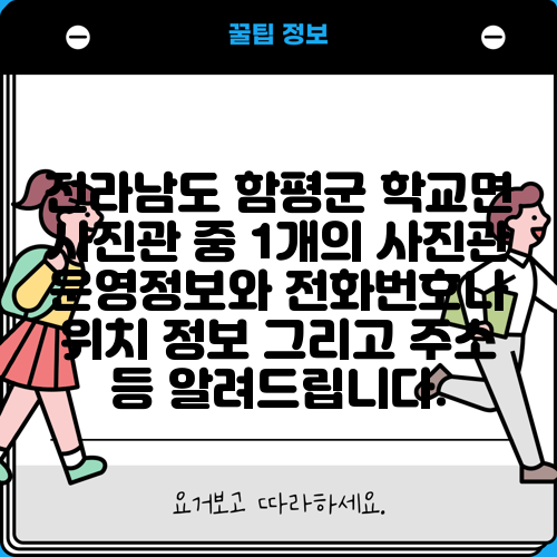 전라남도 함평군 학교면 사진관 중 1개의 사진관 운영정보와 전화번호나 위치 정보 그리고 주소 등 알려드립니다.