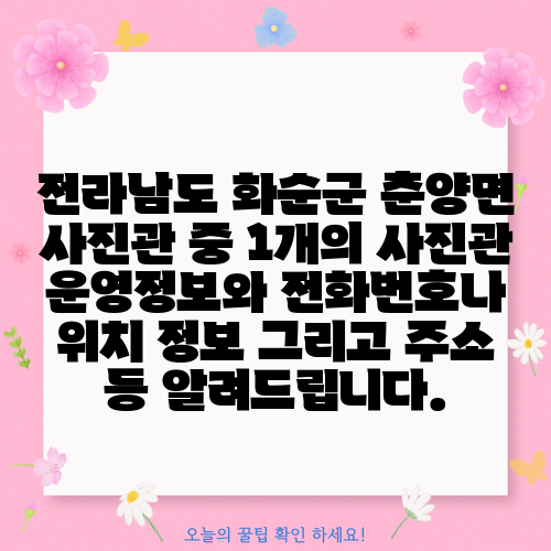전라남도 화순군 춘양면 사진관 중 1개의 사진관 운영정보와 전화번호나 위치 정보 그리고 주소 등 알려드립니다.