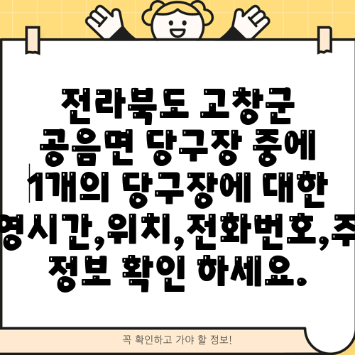 전라북도 고창군 공음면 당구장 중에 1개의 당구장에 대한 운영시간,위치,전화번호,주소 정보 확인 하세요.