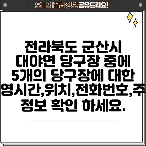 전라북도 군산시 대야면 당구장 중에 5개의 당구장에 대한 운영시간,위치,전화번호,주소 정보 확인 하세요.
