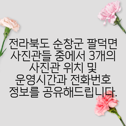 전라북도 순창군 팔덕면 사진관들 중에서 3개의 사진관 위치 및 운영시간과 전화번호 정보를 공유해드립니다.