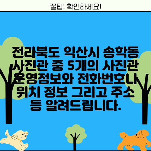 전라북도 익산시 송학동 사진관 중 5개의 사진관 운영정보와 전화번호나 위치 정보 그리고 주소 등 알려드립니다.