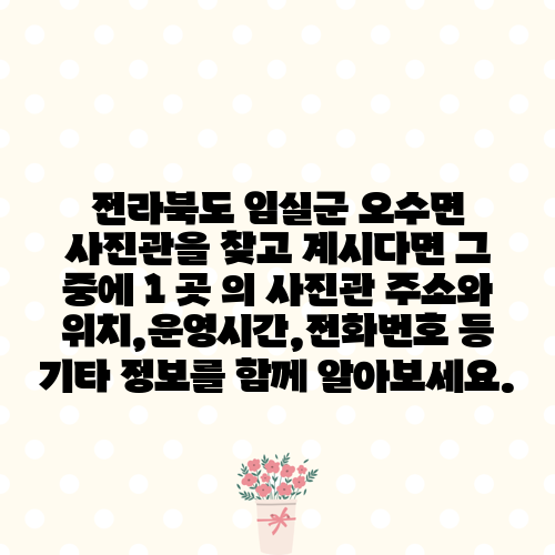 전라북도 임실군 오수면 사진관을 찾고 계시다면 그 중에 1 곳 의 사진관 주소와 위치,운영시간,전화번호 등 기타 정보를 함께 알아보세요.
