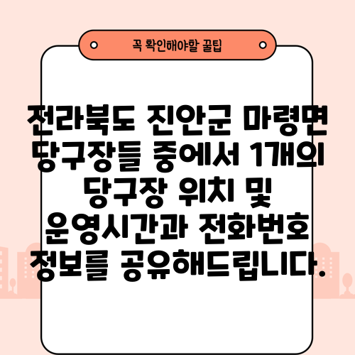 전라북도 진안군 마령면 당구장들 중에서 1개의 당구장 위치 및 운영시간과 전화번호 정보를 공유해드립니다.