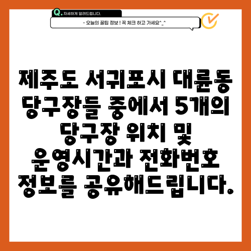 제주도 서귀포시 대륜동 당구장들 중에서 5개의 당구장 위치 및 운영시간과 전화번호 정보를 공유해드립니다.