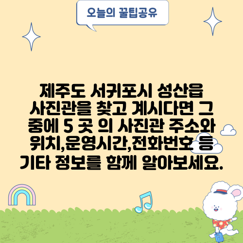제주도 서귀포시 성산읍 사진관을 찾고 계시다면 그 중에 5 곳 의 사진관 주소와 위치,운영시간,전화번호 등 기타 정보를 함께 알아보세요.