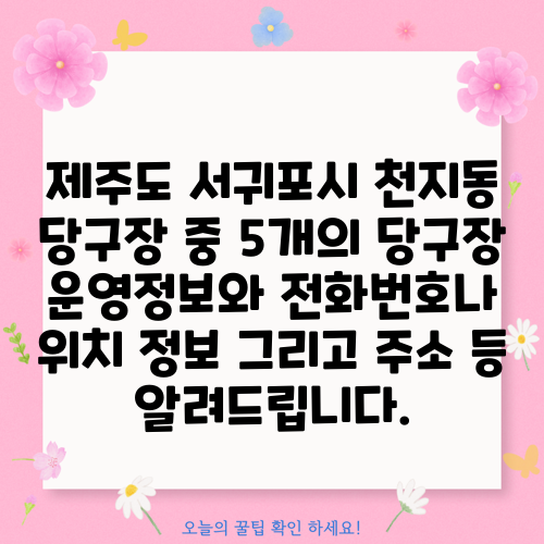 제주도 서귀포시 천지동 당구장 중 5개의 당구장 운영정보와 전화번호나 위치 정보 그리고 주소 등 알려드립니다.