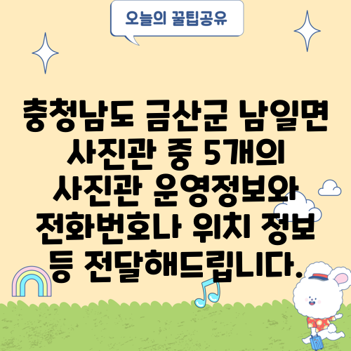 충청남도 금산군 남일면 사진관 중 5개의 사진관 운영정보와 전화번호나 위치 정보 등 전달해드립니다.