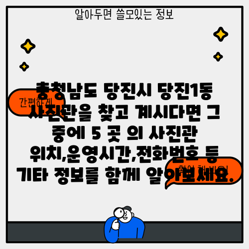 충청남도 당진시 당진1동 사진관을 찾고 계시다면 그 중에 5 곳 의 사진관 위치,운영시간,전화번호 등 기타 정보를 함께 알아보세요.
