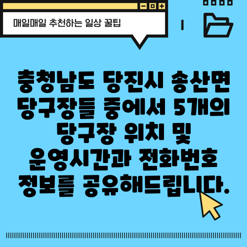 충청남도 당진시 송산면 당구장들 중에서 5개의 당구장 위치 및 운영시간과 전화번호 정보를 공유해드립니다.