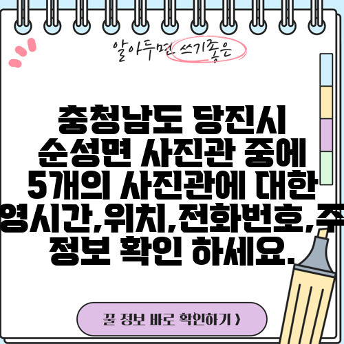 충청남도 당진시 순성면 사진관 중에 5개의 사진관에 대한 운영시간,위치,전화번호,주소 정보 확인 하세요.