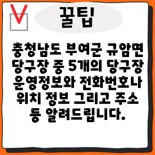 충청남도 부여군 규암면 당구장 중 5개의 당구장 운영정보와 전화번호나 위치 정보 그리고 주소 등 알려드립니다.