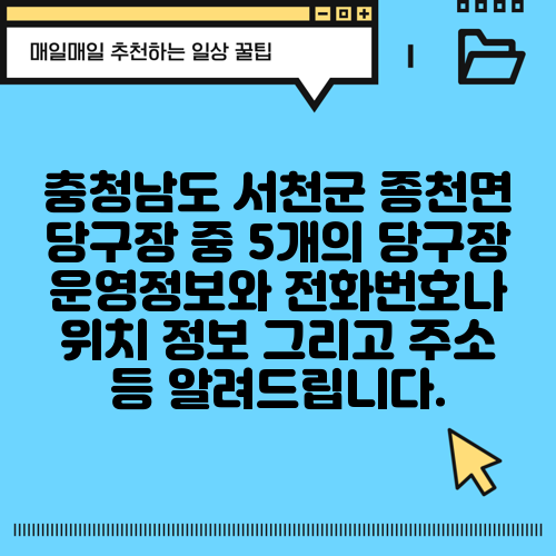 충청남도 서천군 종천면 당구장 중 5개의 당구장 운영정보와 전화번호나 위치 정보 그리고 주소 등 알려드립니다.