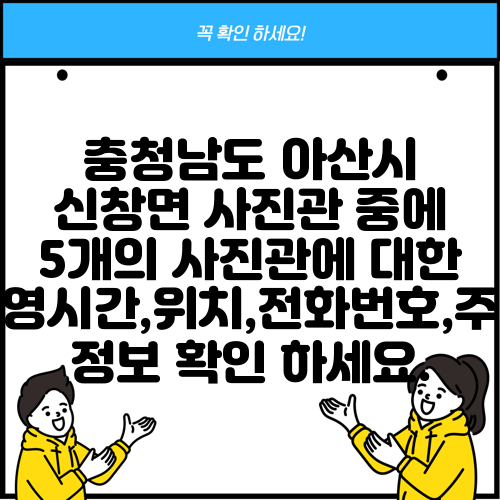 충청남도 아산시 신창면 사진관 중에 5개의 사진관에 대한 운영시간,위치,전화번호,주소 정보 확인 하세요.
