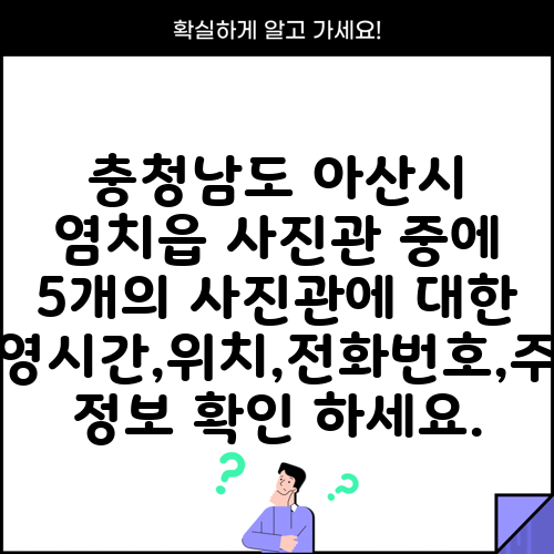 충청남도 아산시 염치읍 사진관 중에 5개의 사진관에 대한 운영시간,위치,전화번호,주소 정보 확인 하세요.