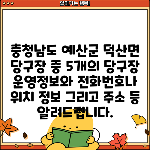 충청남도 예산군 덕산면 당구장 중 5개의 당구장 운영정보와 전화번호나 위치 정보 그리고 주소 등 알려드립니다.