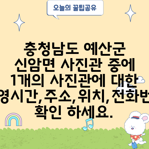 충청남도 예산군 신암면 사진관 중에 1개의 사진관에 대한 운영시간,주소,위치,전화번호 확인 하세요.