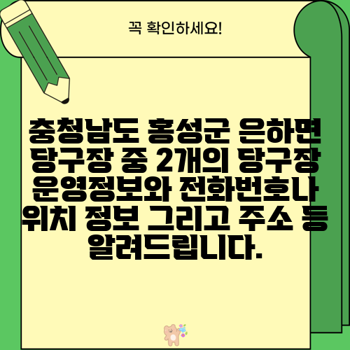 충청남도 홍성군 은하면 당구장 중 2개의 당구장 운영정보와 전화번호나 위치 정보 그리고 주소 등 알려드립니다.